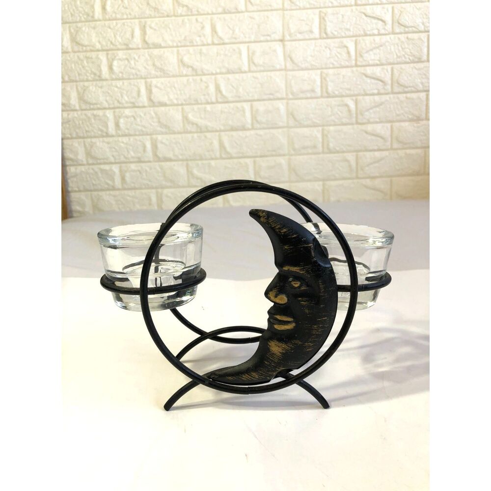 VTG 90s Celestial Moon Face Candle Holder Wrought Iron Double Tealight Votive 7"